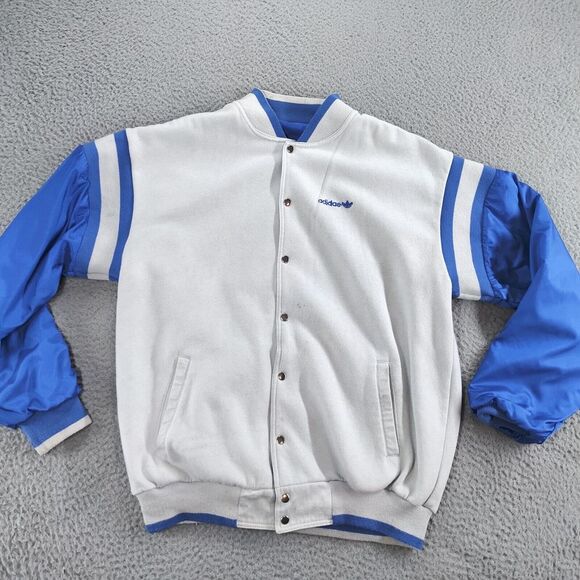 Vintage Adidas Reversible Jacket Mens Large Blue Gray Trefoil Spellout Snap Up - Picture 2 of 16